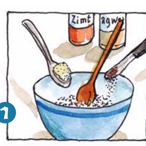 Mit Löffel Zimt und Ingwer in blaue Schüssel mit Zucker geben.
