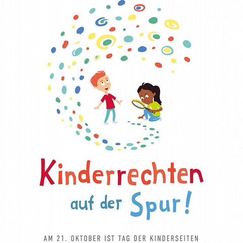 Logo Kinderrechten auf der Spur! Zwei Kinder mit Lupe und buntem Spurenkreis