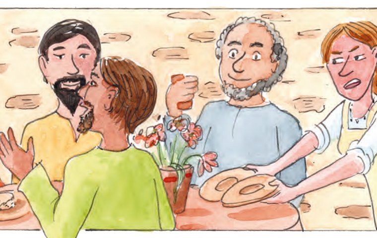 Marta räumt Teller ab, Männer hören Jesus zu.