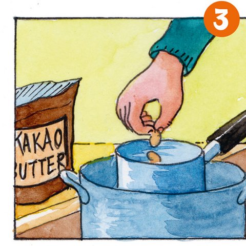 Hand streut Kakaobutterblättchen in kleinen Topf, der in größerem Topf im Wasserbad steht.