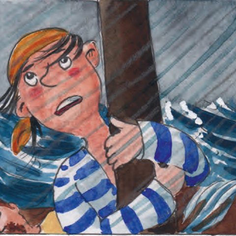 Schiffsjunge klammert sich im Sturm an Bootsmast.