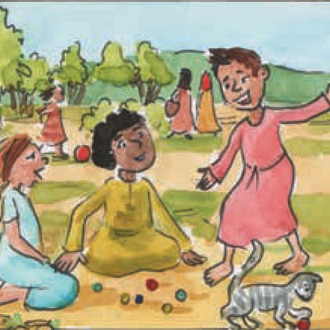 Kinder spielen mit Murmeln.