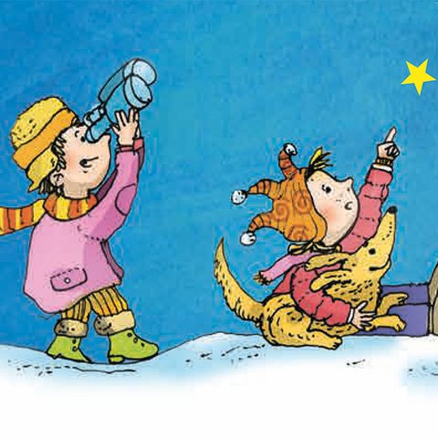 Zwei Kinder mit Fernglas und Hund gucken zu Stern am Himmel.