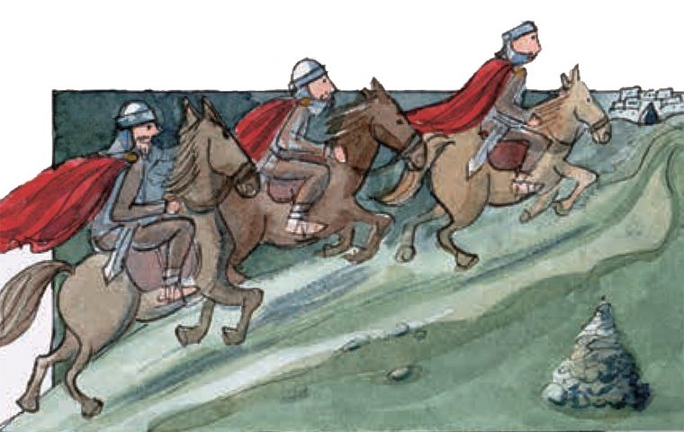 Drei römische Soldaten mit Rüstung und rotem Mantel reiten auf Pferden.