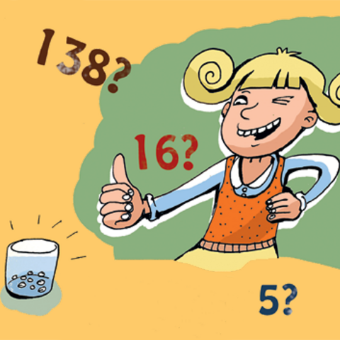 Mädchen mit erhobenem Daumen vor Glas mit Bohnen und Ziffern 138, 16 und 5.