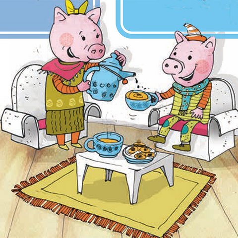 Zwei wie Menschen bekleidete Schweine sitzen an Tisch in Sesseln aus Tetrapack.