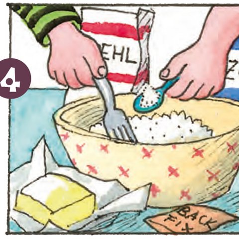 Mehl, Zucker und Butter in Schüssel mischen.