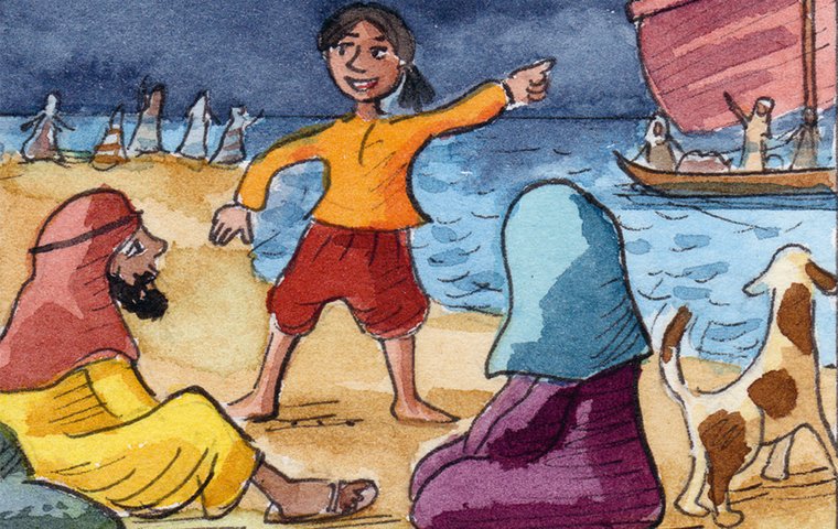 Kind zeigt auf Boot mit Jesus und Jüngern.