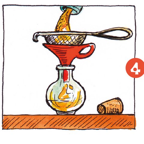 Öl mit Sieb in runde Flasche filtern