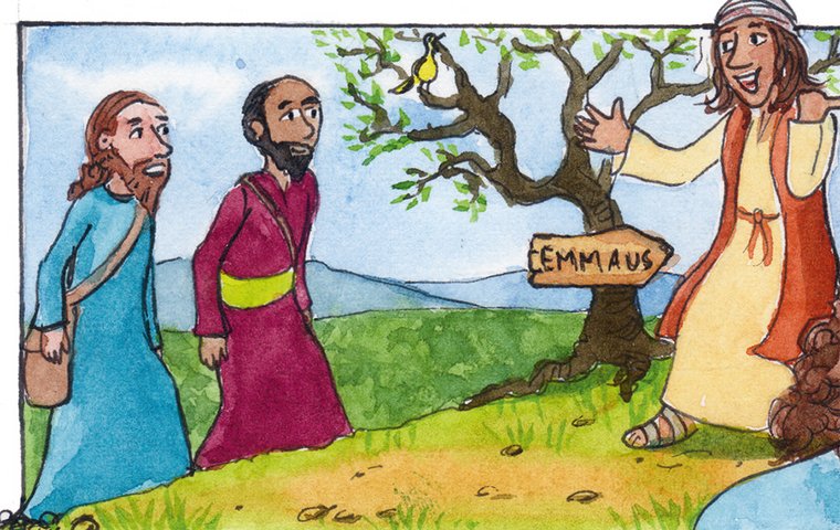 Zwei Jünger treffen an Wegschild "Emmaus" auf fröhlichen Fremden.