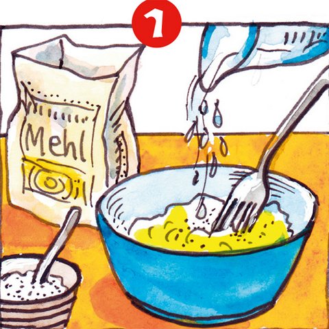 Mit Kanne Wasser in blaue Schüssel mit Mehl gießen.
