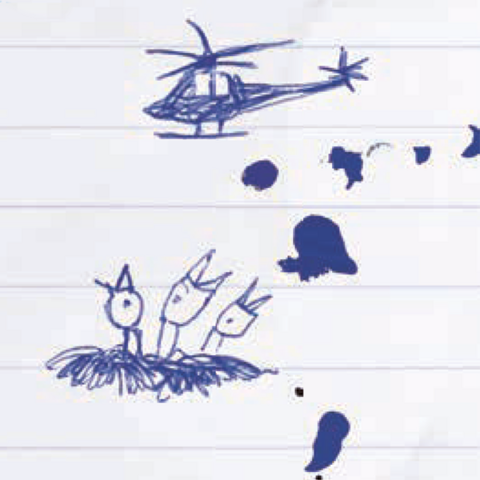 Blaue Kritzelfiguren Hubschrauber, Vogelnest, Herz und Kleckse