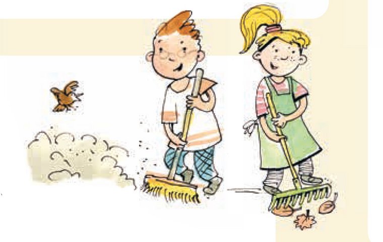 Zwei Kinder beim Fegen und Laubrechen