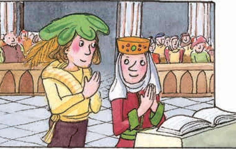 Elisabeth und Ludwig in Kirche vor Traualtar.