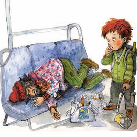 Martin beobachtet auf Sitzbank schlafenden alten Mann.