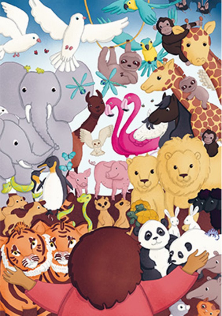 Wimmelbild mit Tierpaaren und Naamah