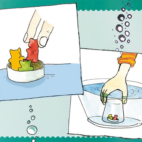 Experimente unter Wasser Gummibärchen mit Glasglocke unter Wasser tauchen