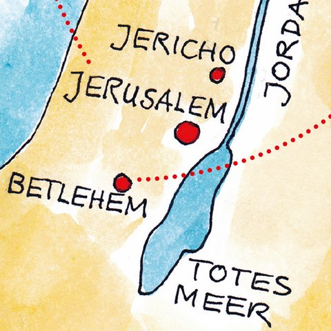 Kartenausschnitt mit Jerusalem und Betlehem
