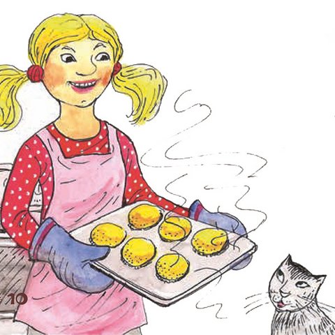 Kind mit Backblech mit 6 Muffin-Brötchen und Katze.