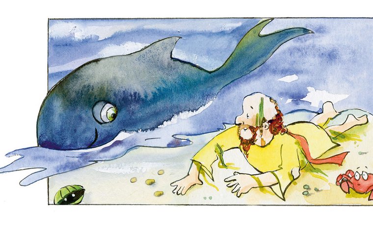 Gott rettet Jona Jona liegt am Ufer und schaut zum Fisch im Wasser