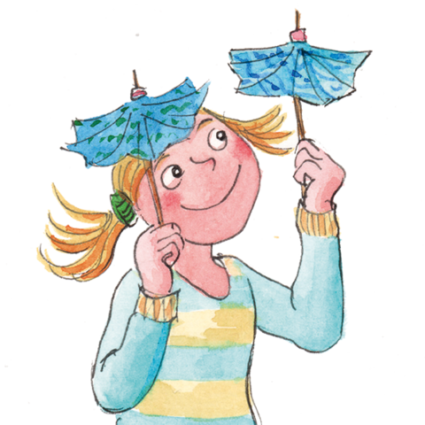 Kind mit Zöpfen und zwei blauen Holzschirmchen.