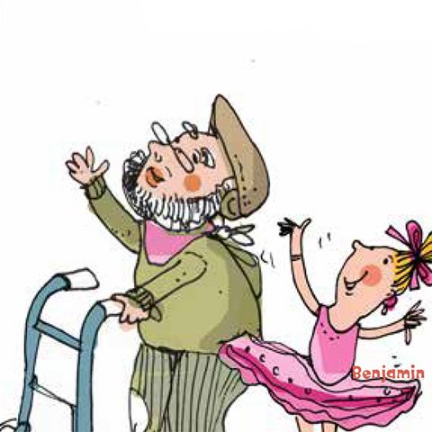 Alter Mann mit Brille und Gehhilfe und Kind im rosa Tutu.