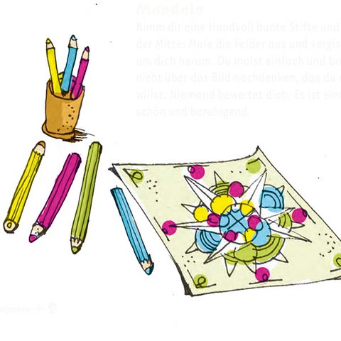 Mandala-Zeichnung und Buntstifte
