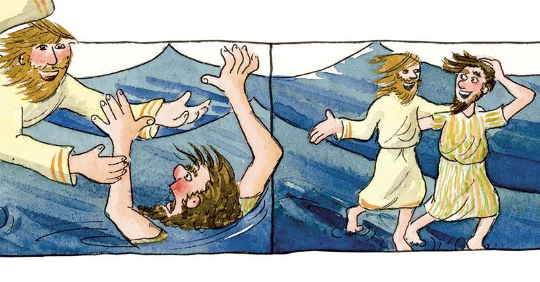 Jesus rettet Petrus und geht mit ihm über die Wellen. Jesus rettet Petrus und geht mit ihm über die Wellen.
