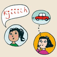 Kind mit Sprechblase "Kjiiiih" und Kind mit Gedankenblase "rotes Auto"