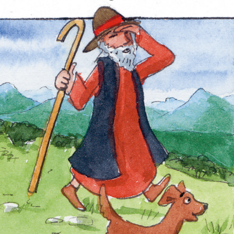 Hirte und Hund suchen nach Schaf.