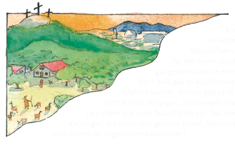 Landschaft mit bewaldetem Berg mit drei Kreuzen