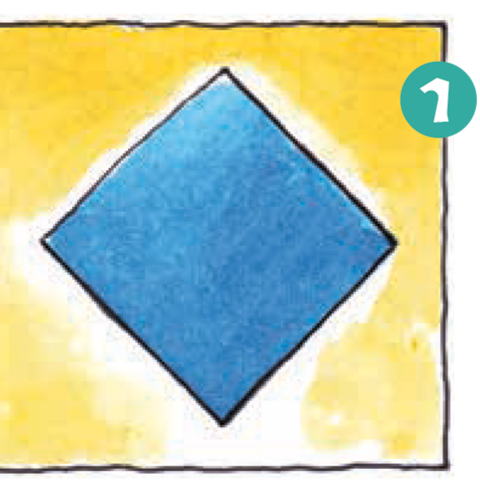 blaues Papierquadrat vor gelbem Hintergrund