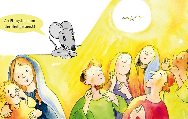 Das Geheimnis von Pfingsten Gelbes Licht und weiße Taube über den Jüngern und Mutter mit Kind