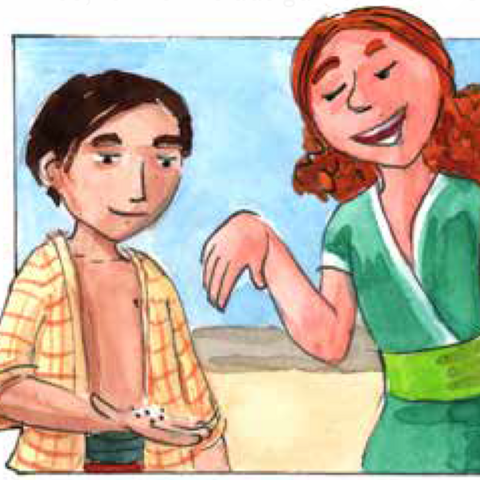 Junge hält lachendem Mädchen Hand mit Samenkörnern hin.