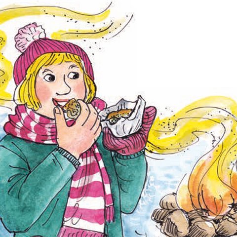 Kind in grünem Anorak und mit rosa-weißem Schal und Mütze isst Zupfbrötchen.