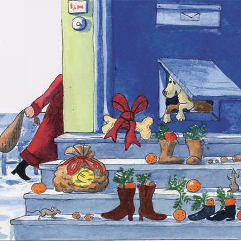 Haustreppe mit mit Obst und Tannenzweigen gefüllten Schuhen und Geldsack.