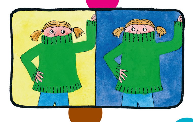 Mädchen mit grünem Pullover vor gelbem und vor blauem Hintergrund