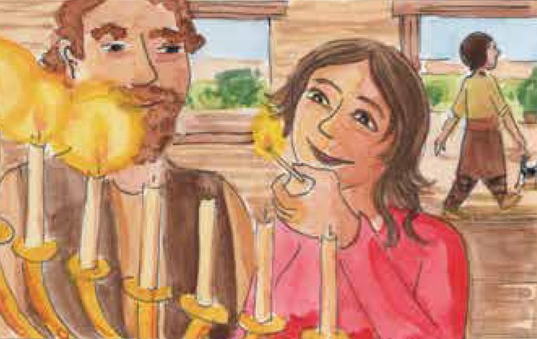 Mutter zündet Kerze von Menora-Leuchter an. Jesus verlässt im Hintergrund das Haus.