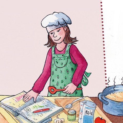 Kind kocht mit Kochlöffel, Kochtopf und Kochbuch.