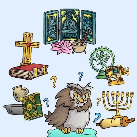 Ottmar Eule mit Fragezeichen und Symbolen Christentum, Judentum, Islam, Buddhismus und Hinduismus