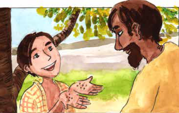 Jesus spricht unter Baum zu dem Jungem mit Samen in den Händen.