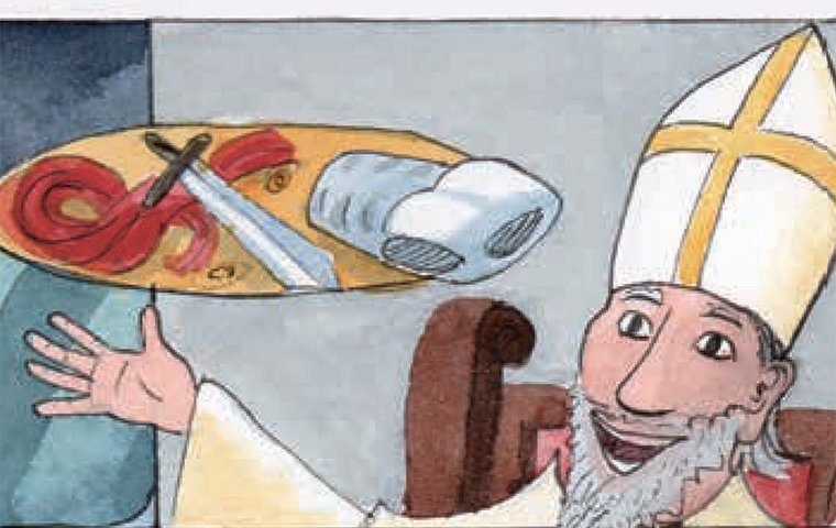 Martin als Kirchenmann mit Tablett mit Rüstung, Schwert und geteiltem roten Mantel.