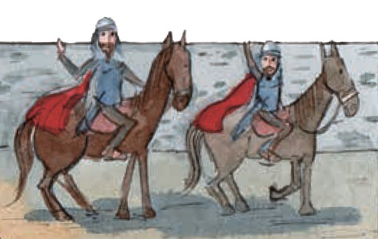 Zwei Soldaten auf ihren Pferden winken Martin zu.