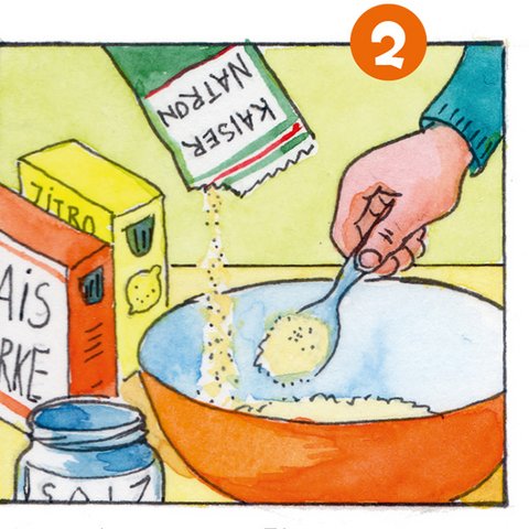 Natron aus grüner Packung in orange Schüssel kippen. Daneben orange Packung mit Maisstärke und gelbe Schachtel mit Zitronensäure und blaues Glas mit Salz.