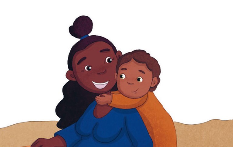 Kleiner Jakob umarmt sitzende Rebekka in blauem Kleid