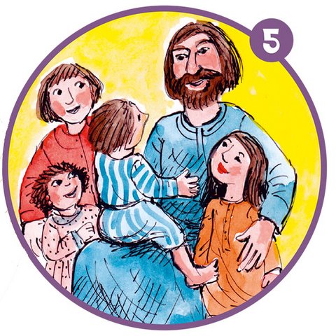 Kinder der Bibel Erwachsener Jesus mit 4 Kindern