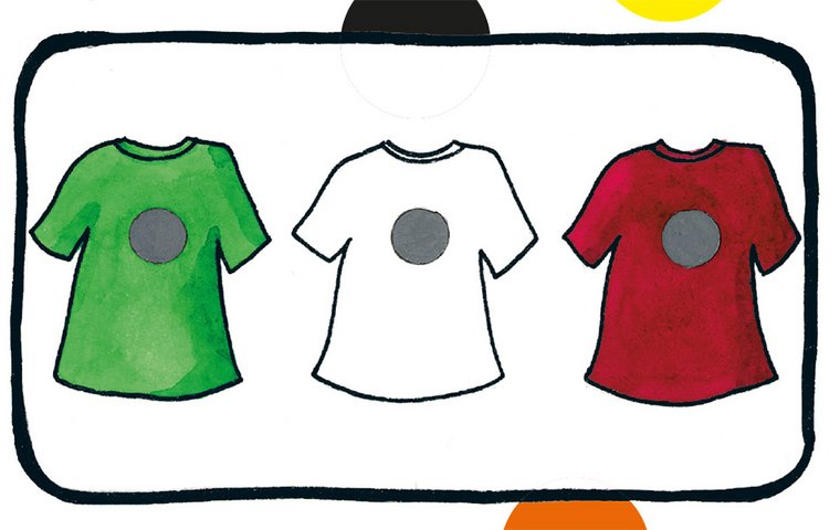 GRünes, weißes und rotes T-Shirt mit grauem Kreis
