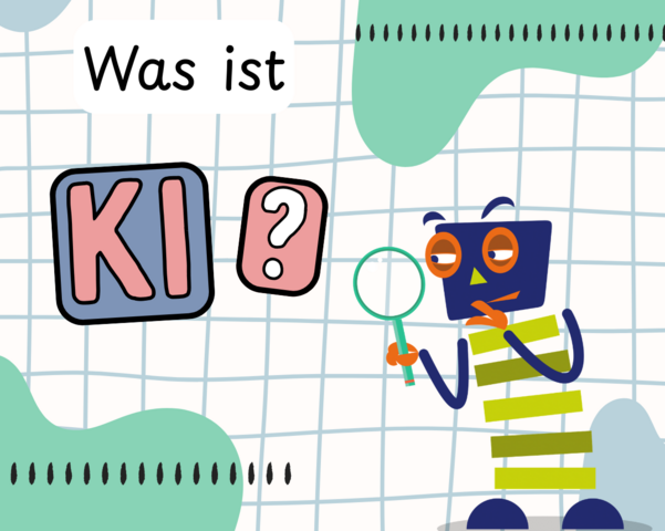 Maskottchen Starky mit Lupe und Text "Was ist KI?"