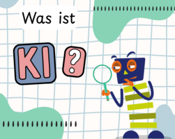Maskottchen Starky mit Lupe und Text "Was ist KI?"