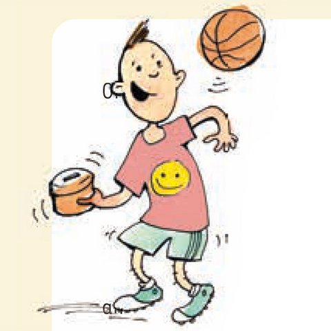 Lachender Junge mit Basketball und Spendenbox
